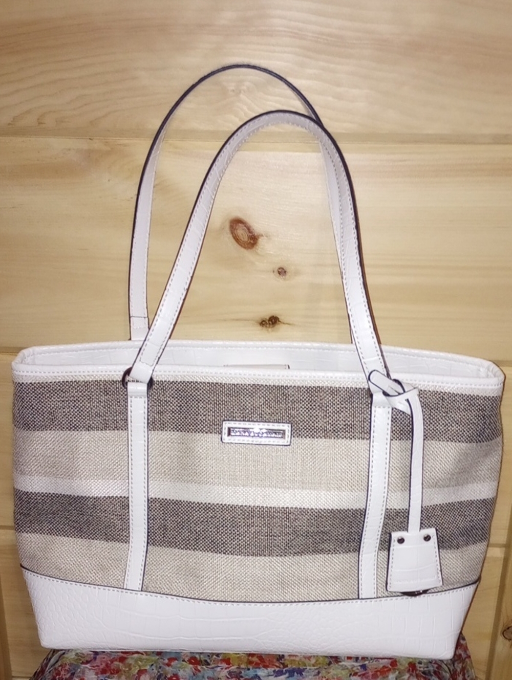Dana Buchman Striped Beige & White Tote Bag with White Trim